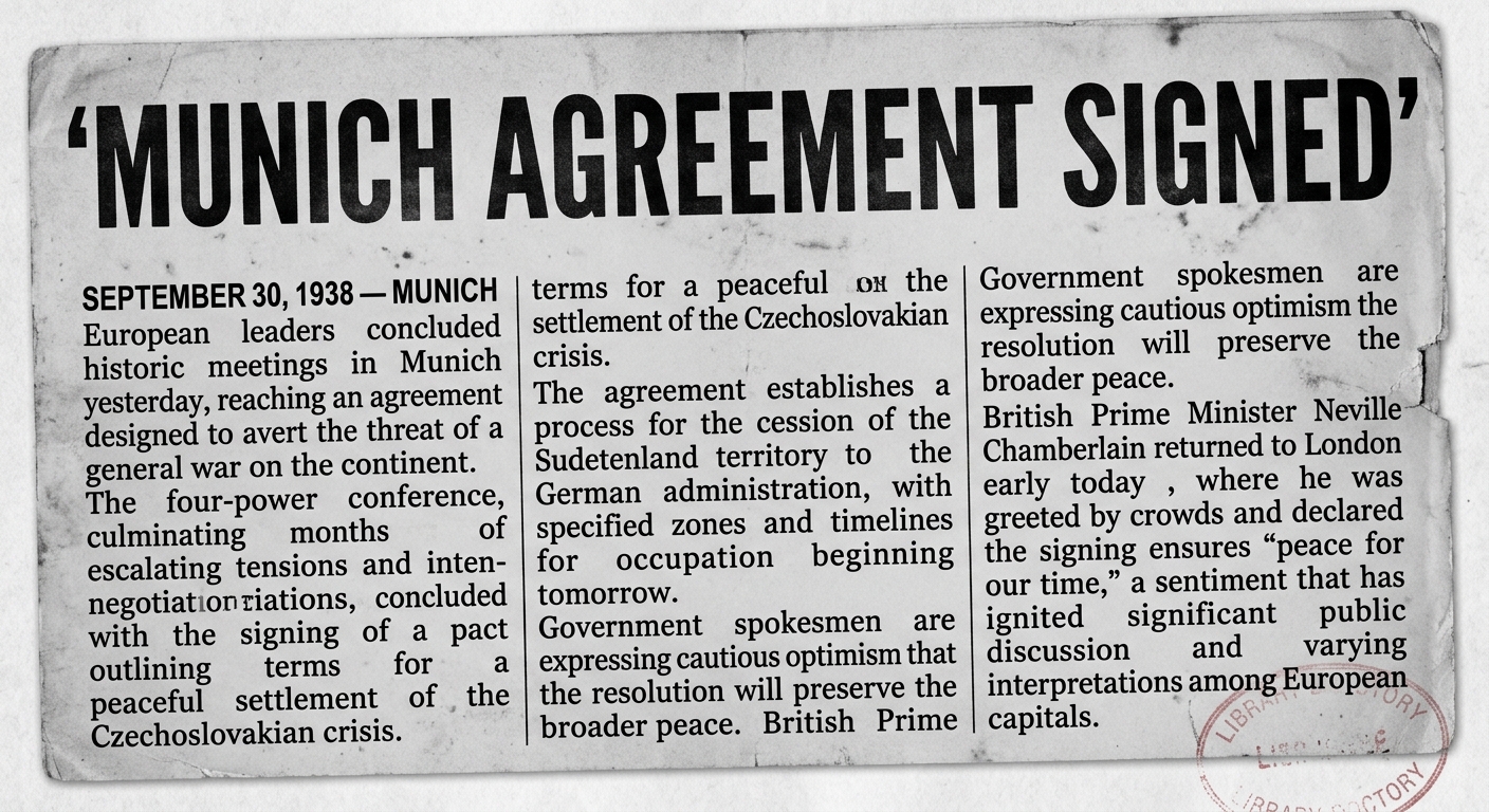 Grayscale scan of a 1938 text-only newspaper clipping dated September 30, 1938 about the Munich Agreement and Germany taking the Sudetenland, with paper texture and a faint stamp.