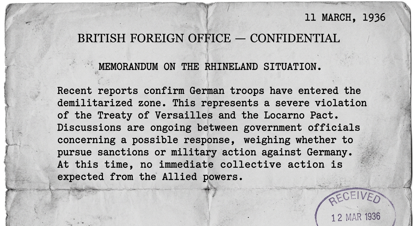 Grayscale scan-style British Foreign Office confidential memo dated March 1936 about the remilitarization of the Rhineland and debate over how to respond, with a faint stamp and fold marks.