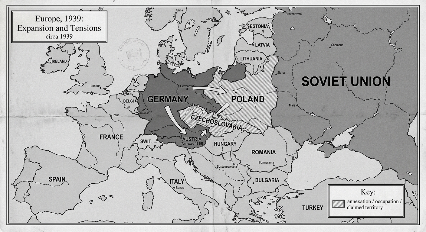 Grayscale 1939-style map of Europe with shading for Germany and neighboring countries and arrows showing German expansion into Austria and Czechoslovakia and toward Poland, with a legend.