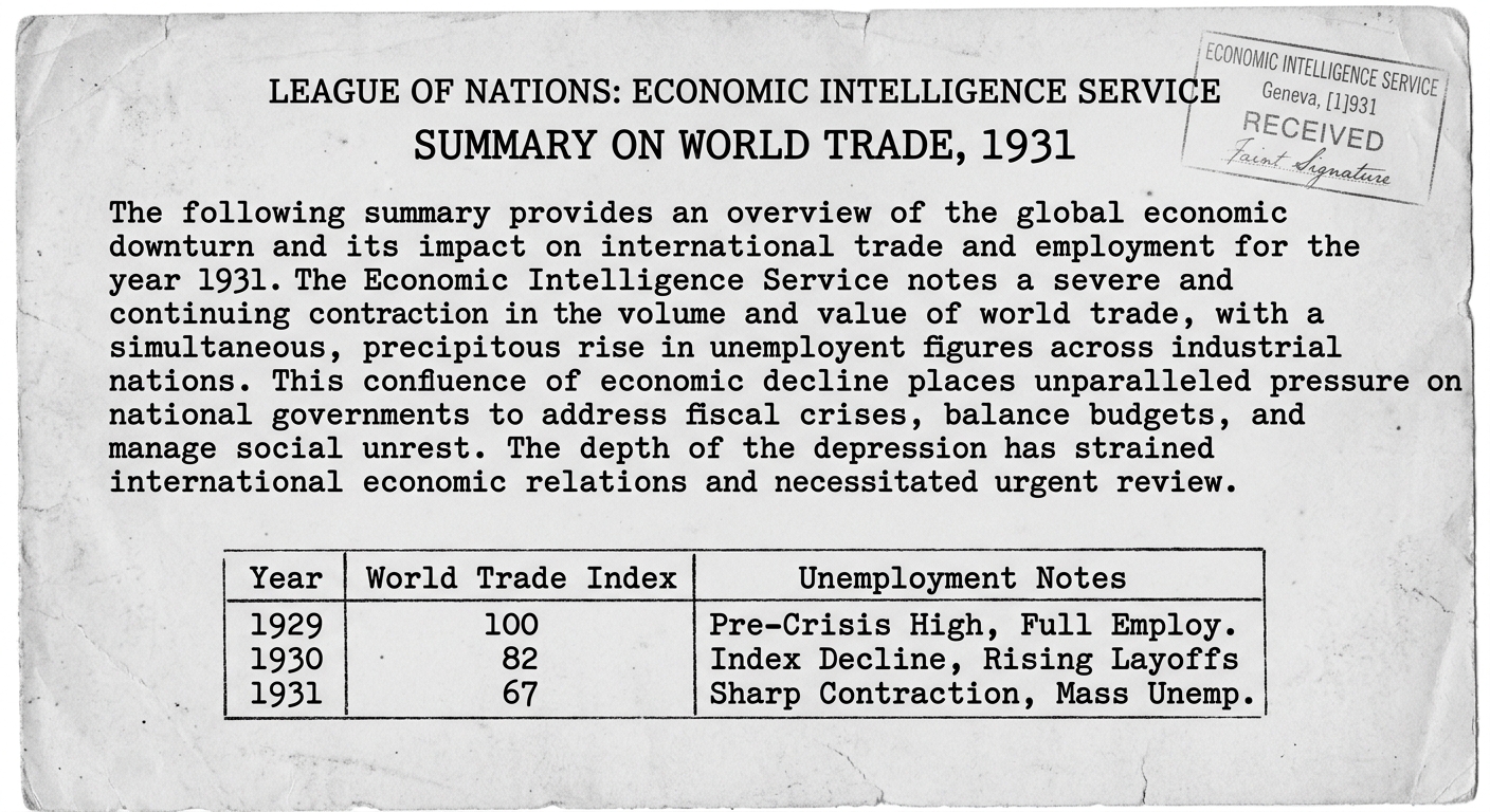 Grayscale scan-style 1931 League of Nations economic summary with a small table showing world trade index falling from 1929 to 1931 and notes about rising unemployment.