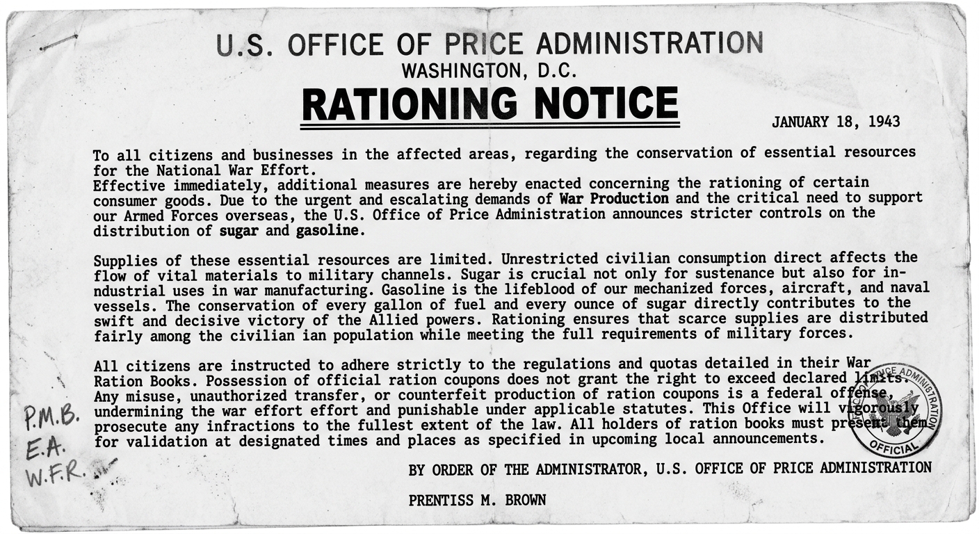 Black-and-white 1943 Office of Price Administration rationing notice explaining sugar and gasoline rationing to support the war effort and warning about penalties for misuse.