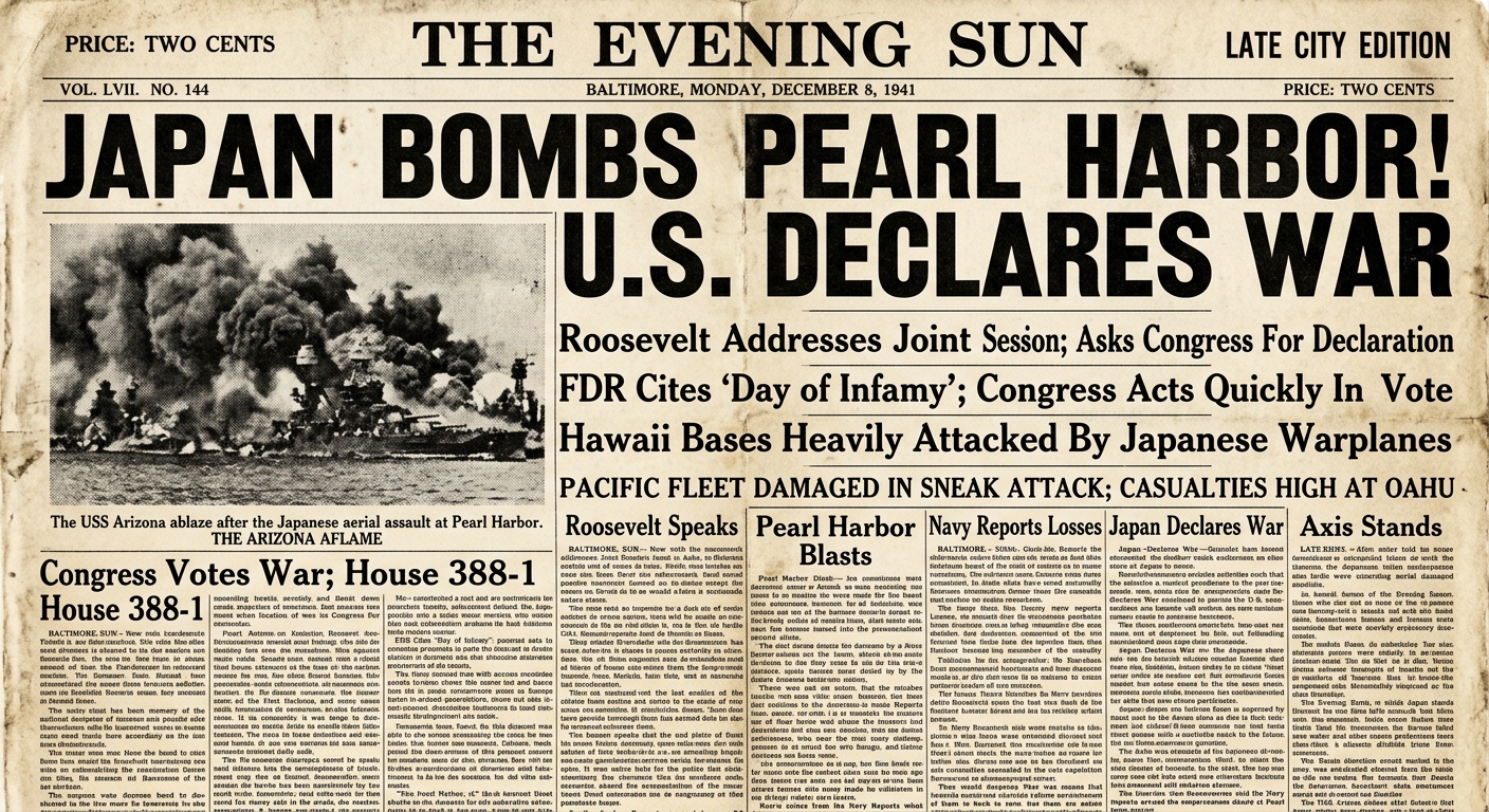 Black-and-white newspaper clipping dated December 8, 1941 with a bold headline about Pearl Harbor and U.S. entry into World War II.