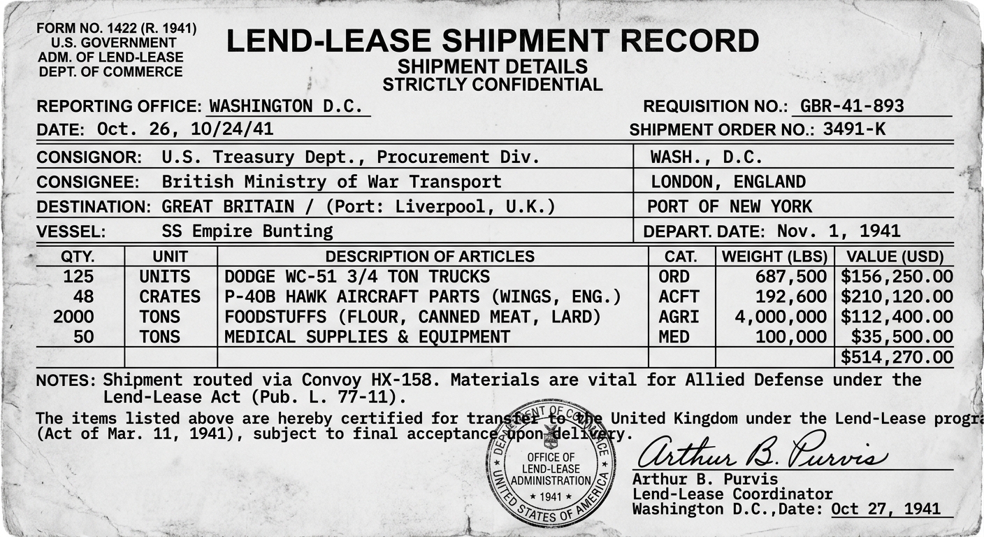 Black-and-white 1941 U.S. government Lend-Lease shipment record authorizing supplies sent to Great Britain.
