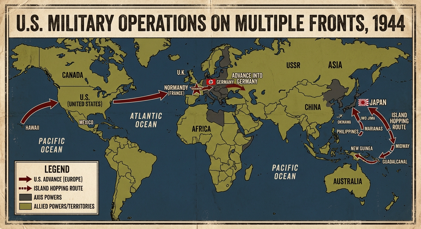 World map showing U.S. military operations on multiple fronts in World War II, with arrows to Normandy in Europe and an island-hopping route in the Pacific toward Japan.