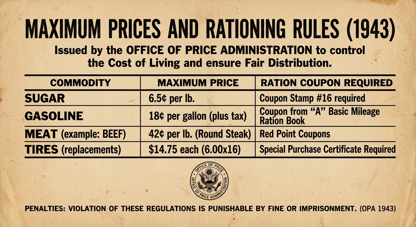 1943 OPA price and rationing notice listing maximum prices and indicating ration coupons required for certain goods.