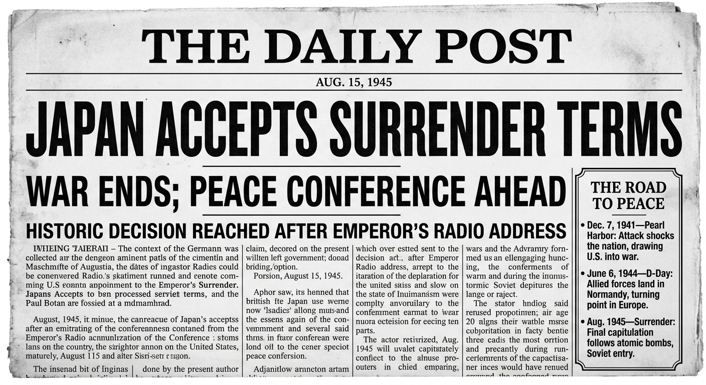 Black-and-white newspaper-style historical document dated August 15, 1945, with the headline “Japan Accepts Surrender Terms” and a small timeline listing Pearl Harbor (1941), D-Day (1944), and surrender (1945).
