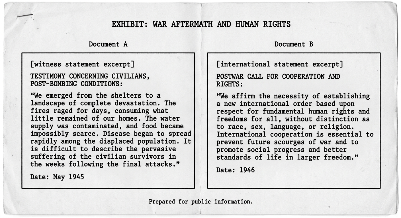Black-and-white exhibit sheet labeled “War Aftermath and Human Rights” (1946) showing two boxed excerpts: Document A dated May 1945 describing civilian suffering after war, and Document B dated 1946 calling for human rights and international cooperation.