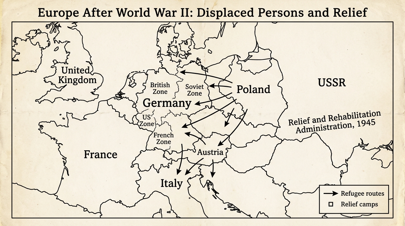 Black-and-white 1945 map of Europe showing arrows for displaced persons moving from Eastern Europe toward relief camps in Western Europe, with a legend for refugee routes and relief camps.