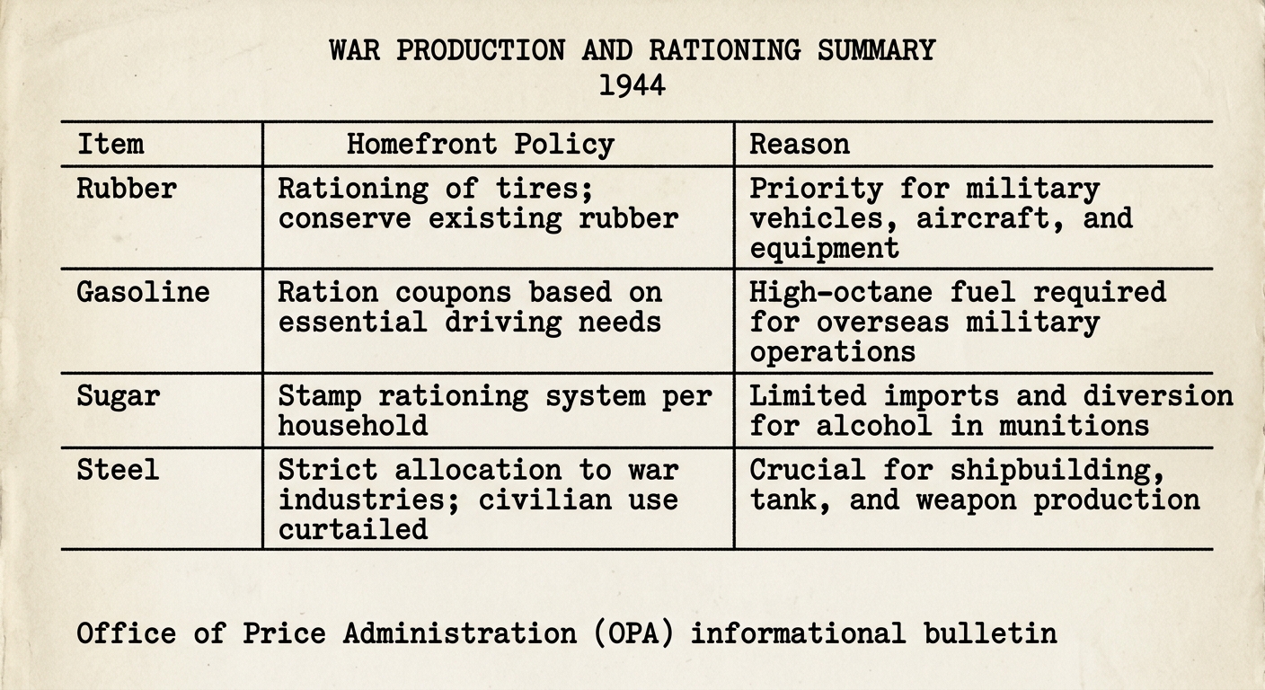 Black-and-white 1944 rationing and production bulletin with a small table listing items like rubber, gasoline, sugar, and steel, and policies such as ration coupons and priority to the military.