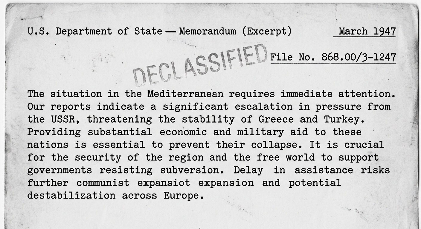 Scanned black-and-white typewritten memo excerpt dated March 1947 with a 'Declassified' stamp, discussing U.S. aid to Greece and Turkey and concern about Soviet pressure.