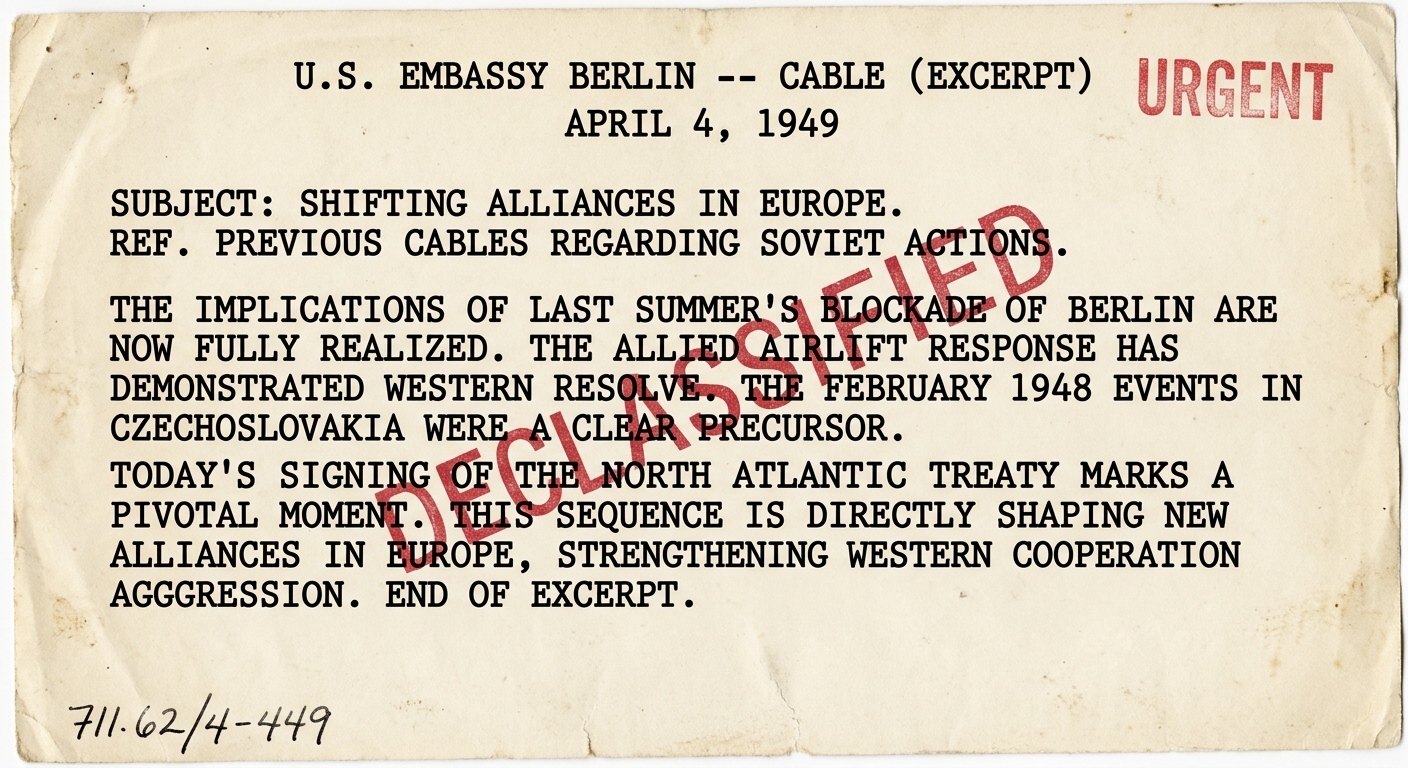 Scanned typewritten U.S. Embassy Berlin cable excerpt dated April 4, 1949, marked urgent and declassified, referencing the Berlin blockade, the airlift, events in Czechoslovakia, and the signing of the North Atlantic Treaty.