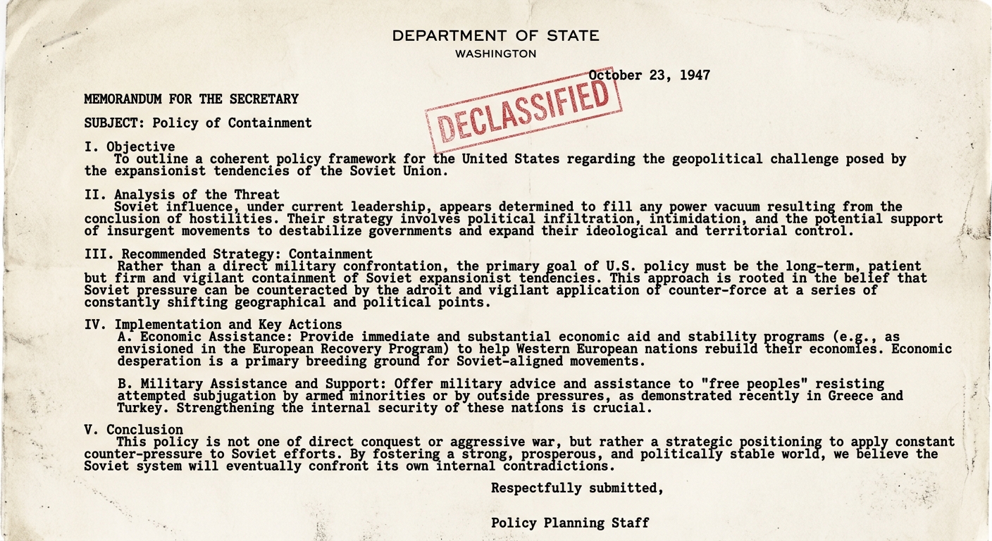 Black-and-white typewritten U.S. Department of State memo dated October 1947 titled "Policy of Containment," stamped "Declassified," describing U.S. plans to aid nations under pressure to prevent the spread of Soviet influence.