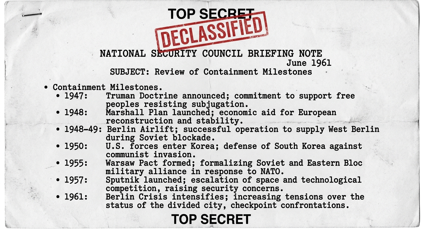 Black-and-white typewritten National Security Council briefing note dated June 1961 with a bulleted list of containment milestones from 1947 to 1961, stamped "Declassified."