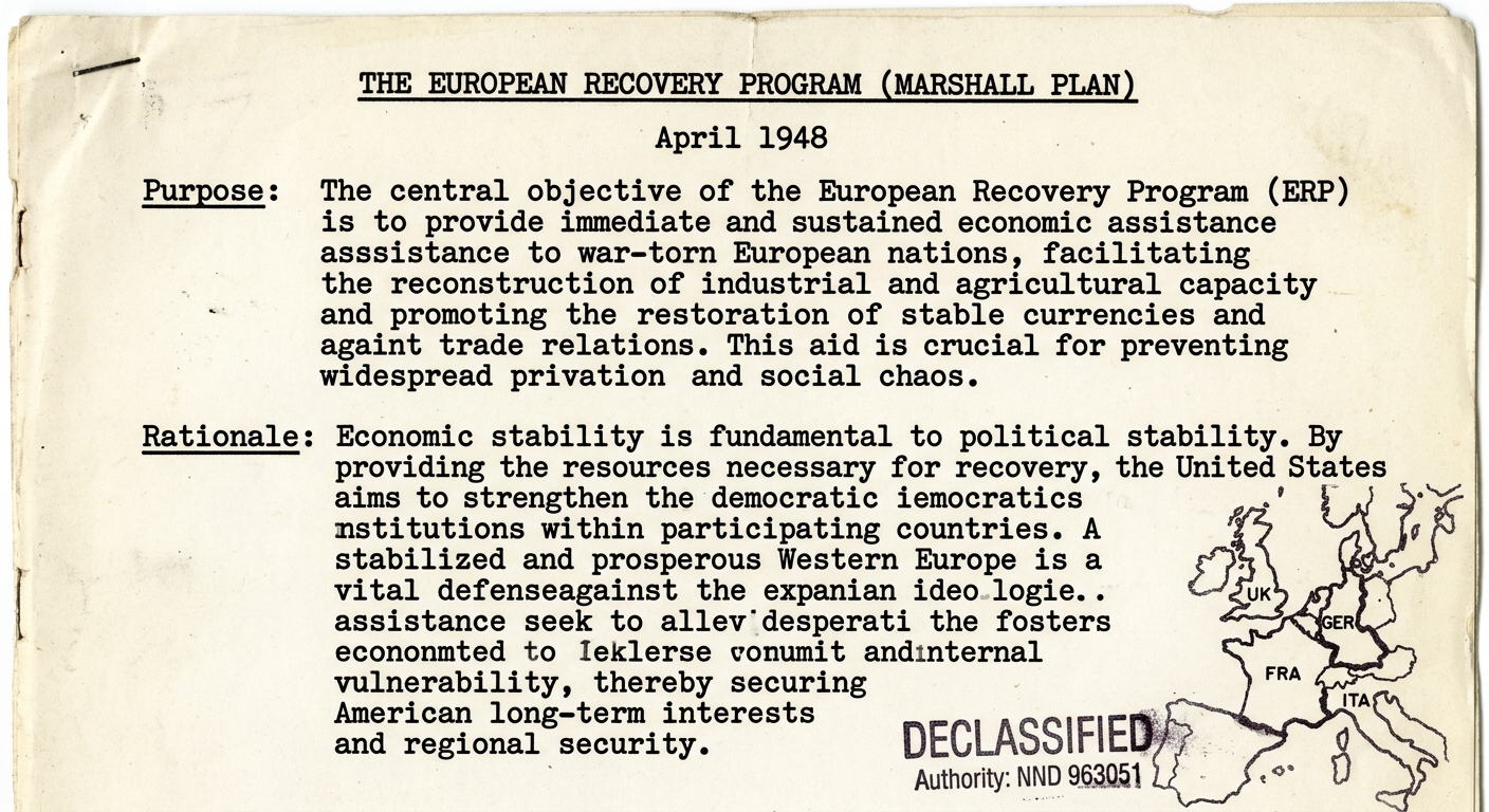 Black-and-white 1948 pamphlet titled "European Recovery Program (Marshall Plan)" explaining economic aid to rebuild Europe and reduce communist influence, with a small outline map of Europe and a "Declassified" stamp.