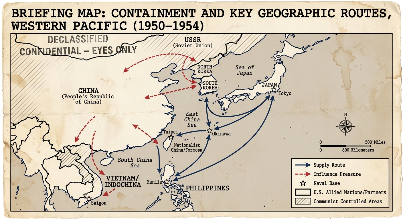 A fictional 1950s-style briefing map of the Western Pacific showing countries and sea routes, with arrows for supply routes and influence pressure and star icons marking island bases.