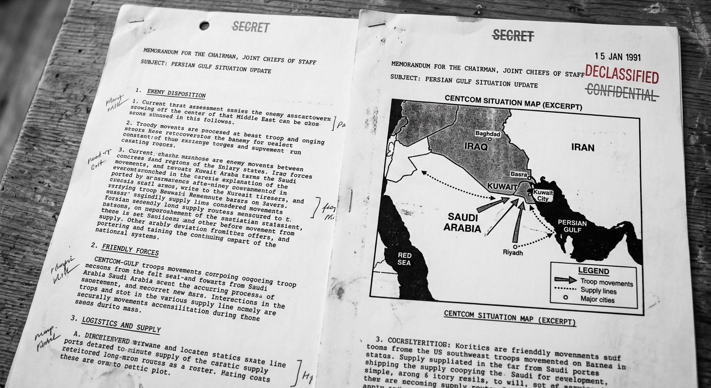 Fictional declassified-style briefing page with a black-and-white map of the Persian Gulf region labeled Iraq, Kuwait, Saudi Arabia, and Iran, showing arrows for troop movements and supply lines, dated January 1991.