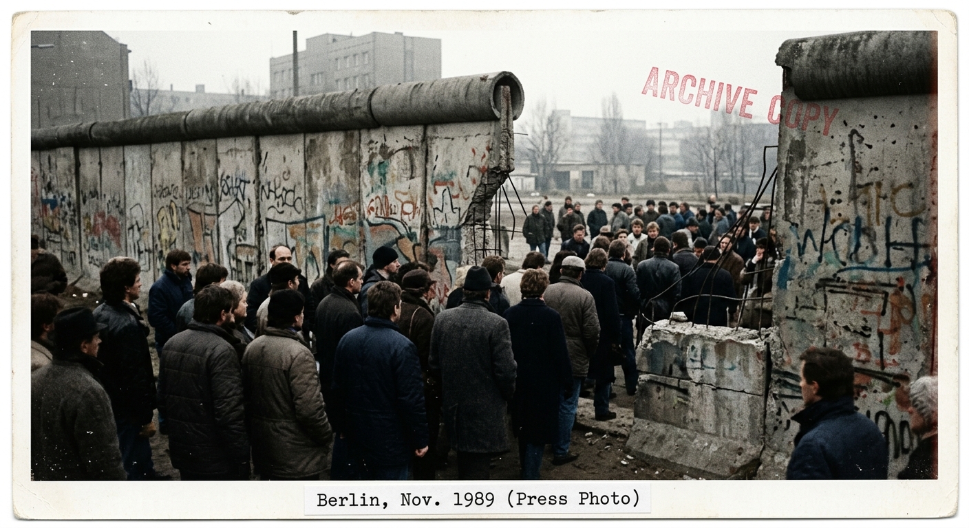 Fictional 1989 press-photo style image showing people gathered at an opening near the Berlin Wall by a checkpoint, suggesting the Cold War’s end.