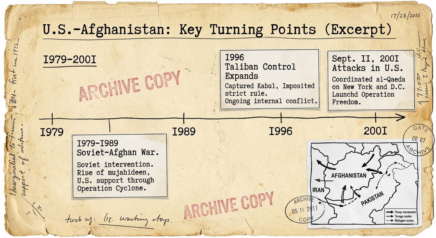 Fictional archive-style document showing a timeline of key turning points in U.S.–Afghanistan relations from 1979 to 2001 with a small map inset of Afghanistan and neighboring countries.