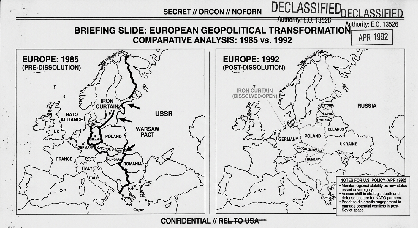 Fictional 1992 declassified-style briefing page with two side-by-side maps of Europe labeled 1985 and 1992 showing changes to Cold War boundaries and country outlines.