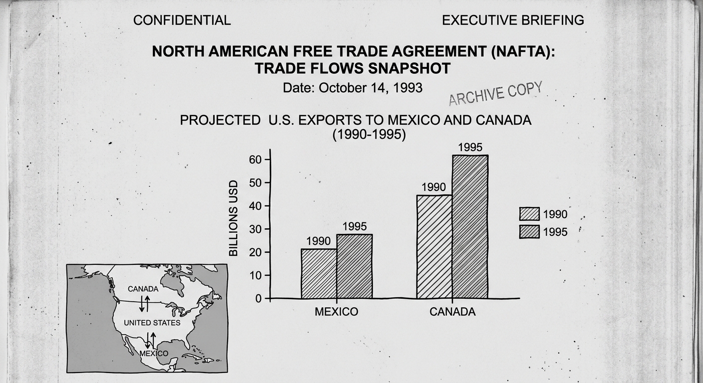 Fictional 1993 briefing page with a bar chart of U.S. exports to Canada and Mexico and a small North America map with arrows showing trade flows, labeled NAFTA trade snapshot.