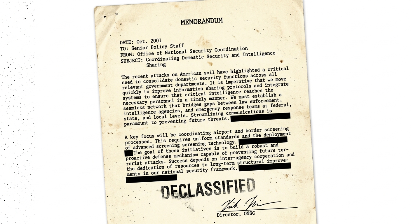 Grayscale scanned memo dated Oct. 2001 about coordinating domestic security and intelligence sharing, with redactions and a 'DECLASSIFIED' stamp.