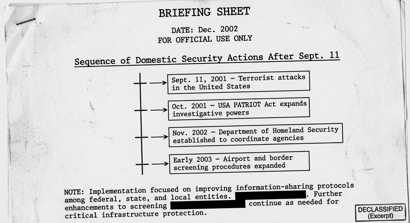 Grayscale scanned briefing sheet dated Dec. 2002 showing a timeline of post-9/11 domestic security actions, with redactions and a declassified stamp.