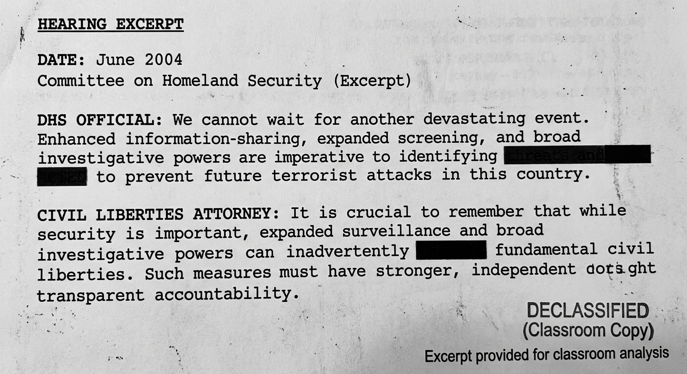 Grayscale scanned June 2004 hearing excerpt showing a DHS official and a civil liberties attorney offering different views on post-9/11 security policies, with redactions.