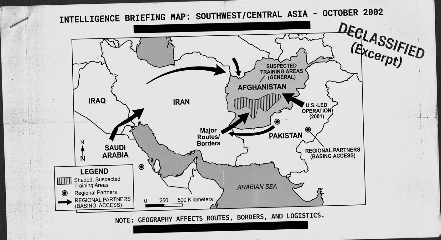 Grayscale scanned 2002 briefing map of Afghanistan and nearby countries, showing a U.S.-led operation arrow and general suspected training areas, with legend and compass.