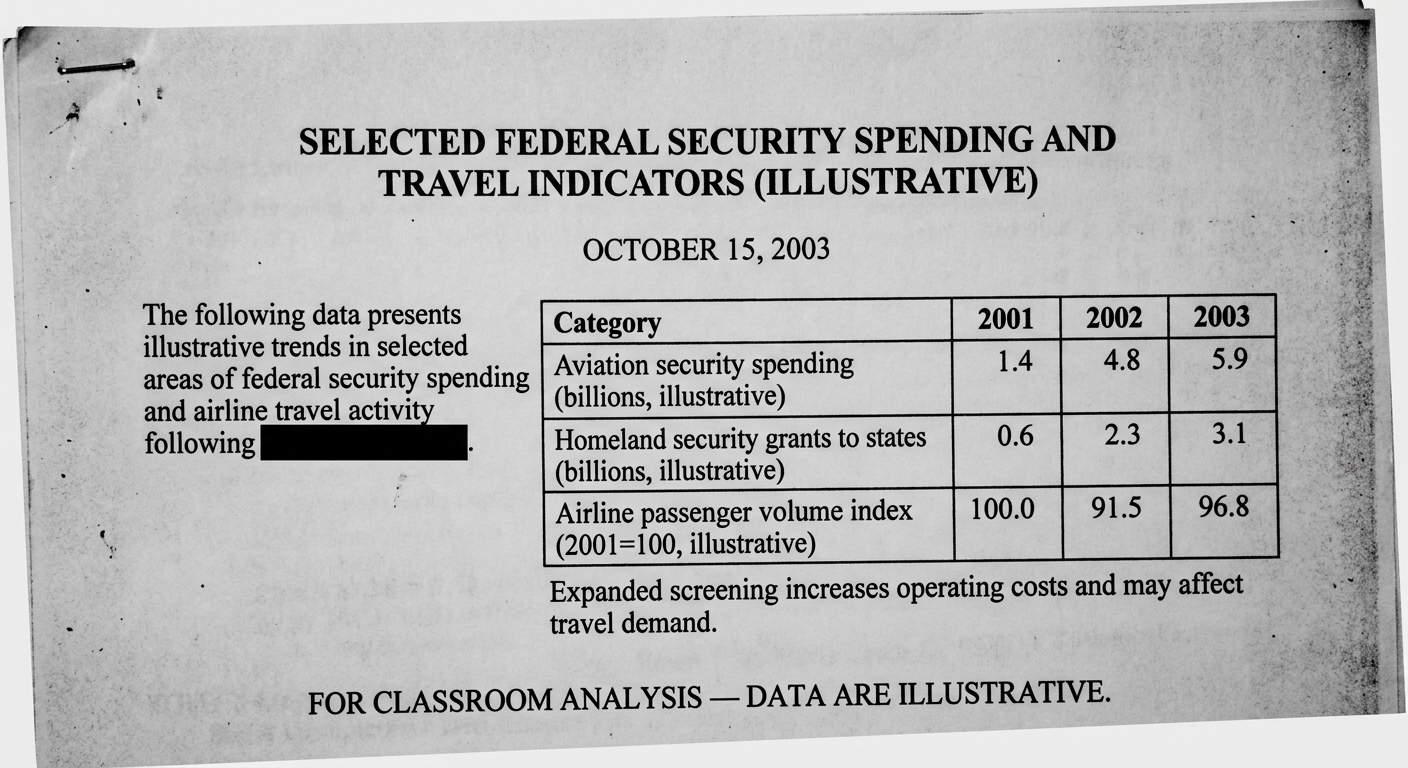 Grayscale scanned 2003 report excerpt with an illustrative table showing increases in security spending and changes in airline passenger volume after 2001.