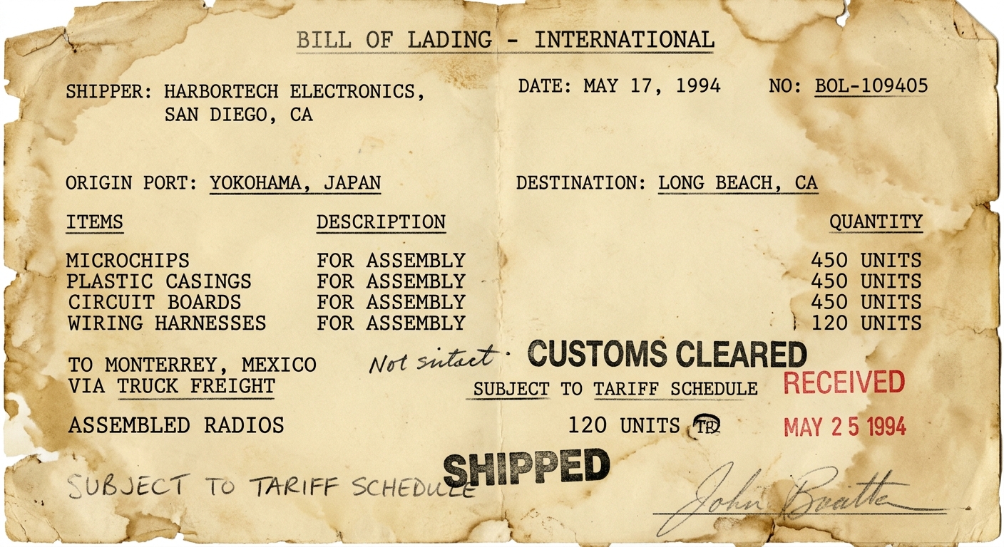 Scanned 1994 shipping invoice/bill of lading showing electronics components shipped from Yokohama to Long Beach and assembled radios shipped to Monterrey, with stamps and a note about tariff schedules.