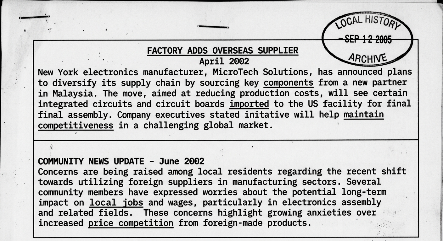 Black-and-white scanned 2002 document packet with two excerpts: a business brief about importing components from Malaysia and a community newsletter discussing local jobs and price competition.