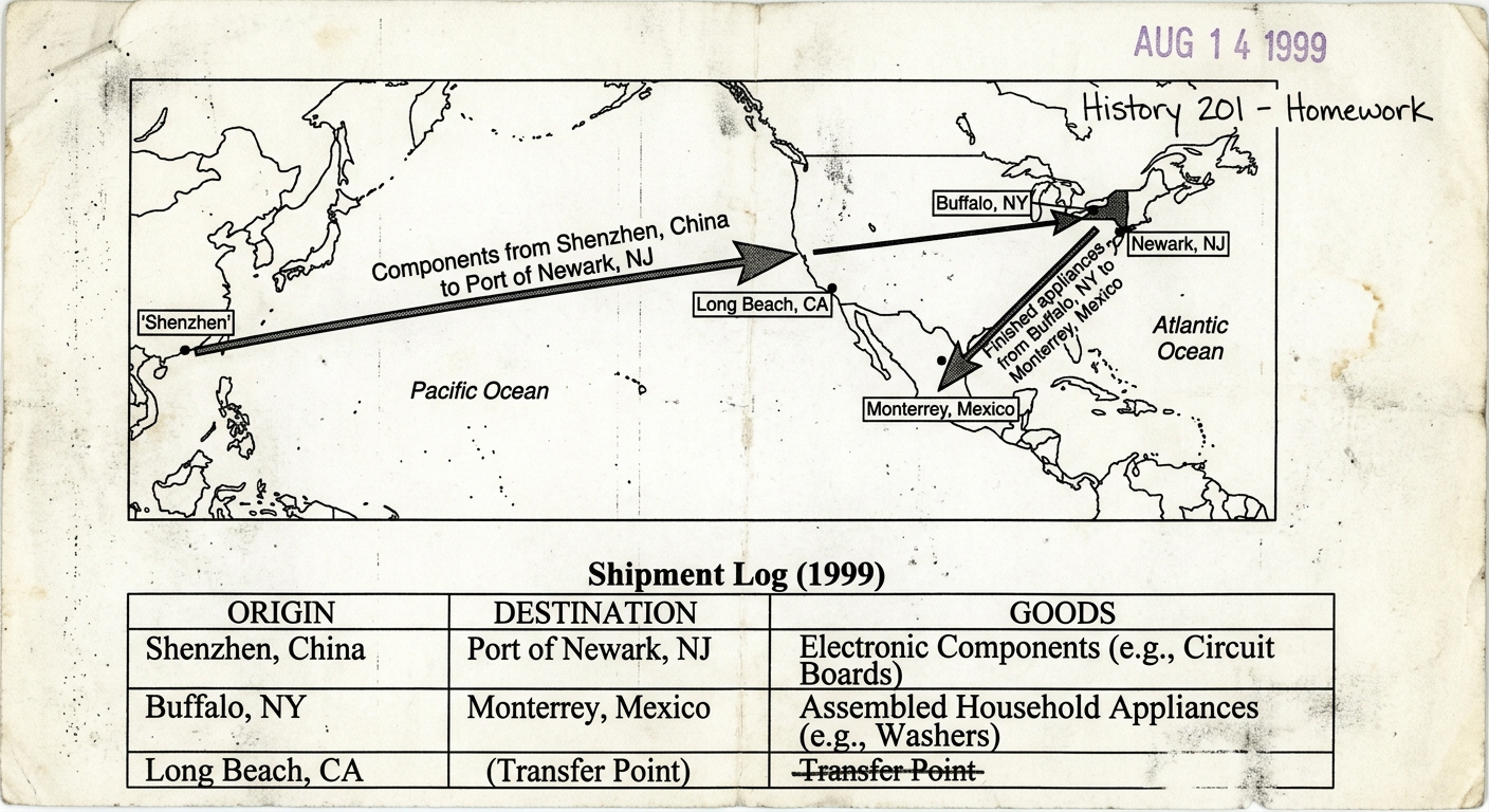 Black-and-white scanned map and 1999 shipment log showing trade routes linking Shenzhen (China), Newark/New York region, Buffalo (NY), and Monterrey (Mexico) with arrows for components and finished goods.