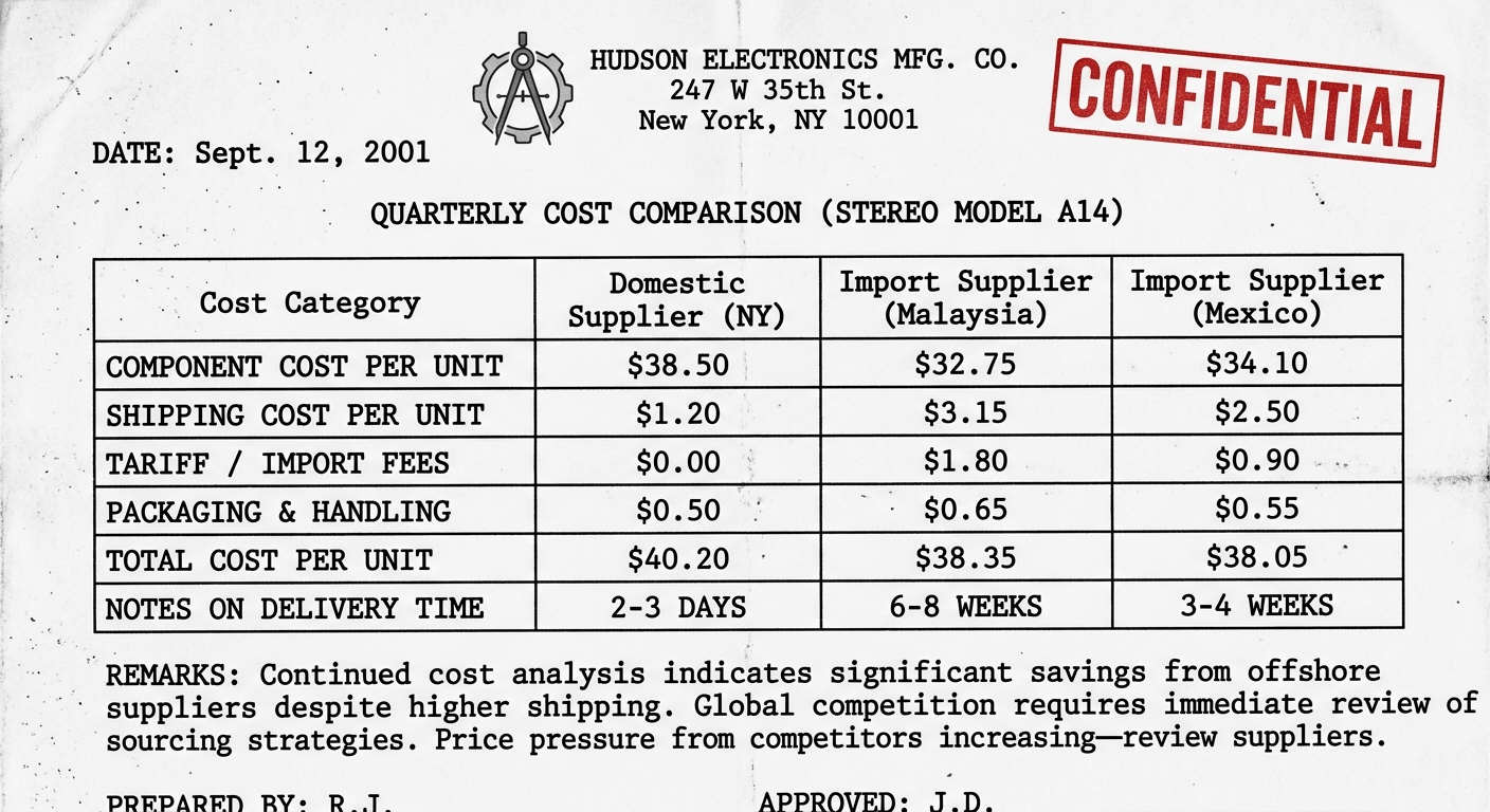 Black-and-white scanned 2001 cost comparison table showing domestic and imported supplier costs, shipping, tariffs, and a note about price pressure from competitors.