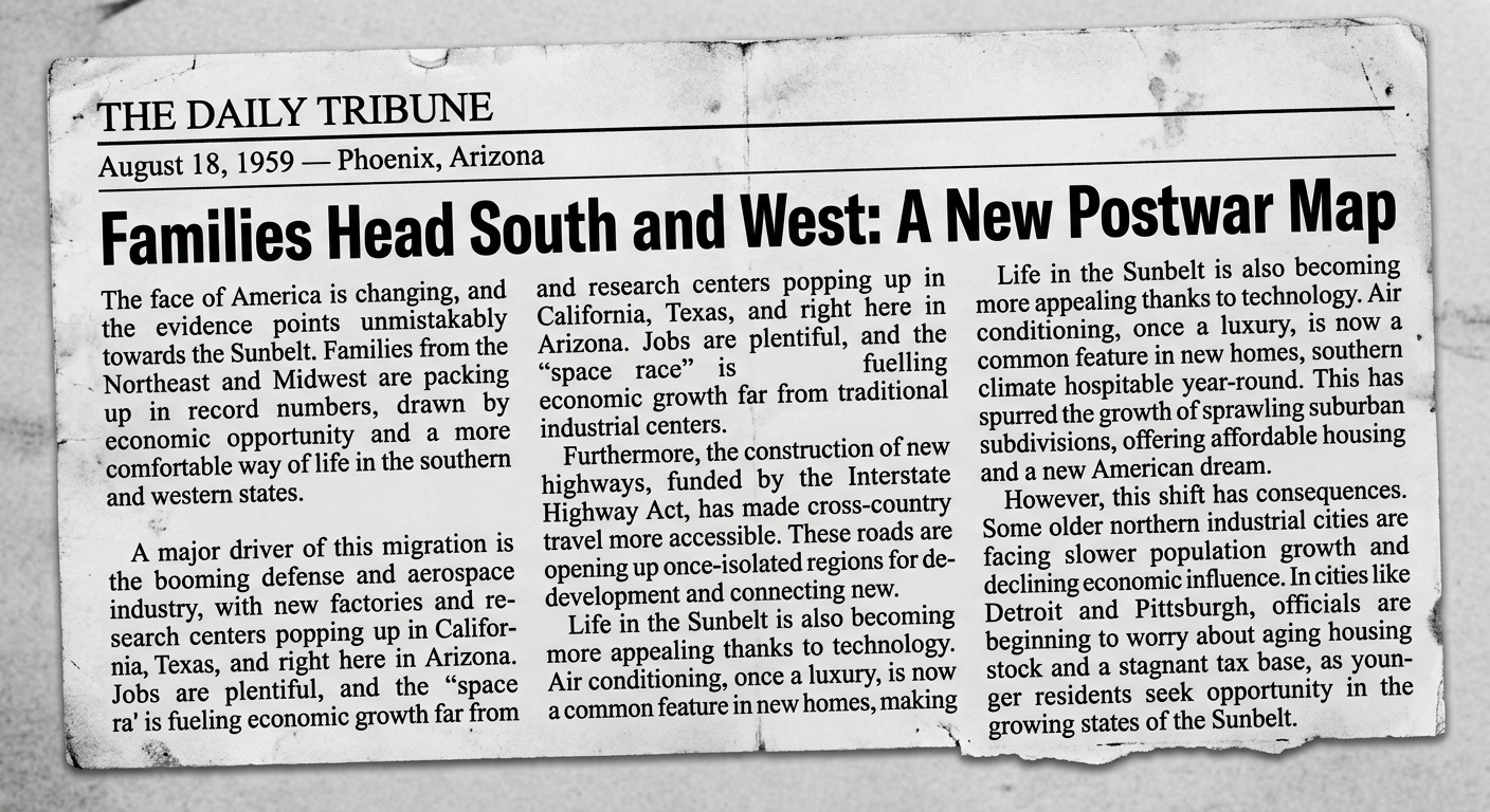 Black-and-white 1959 newspaper editorial clipping from Phoenix, Arizona, about postwar migration to the South and West, mentioning defense jobs, highways, air conditioning, suburban growth, and slower growth in some northern industrial cities.