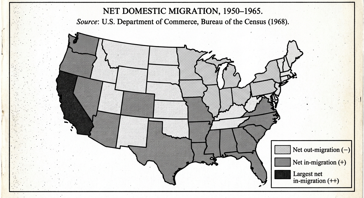 High-contrast scanned 1968 Census Bureau-style map titled “Net Domestic Migration, 1950–1965,” showing U.S. states shaded for net out-migration in parts of the Northeast and Midwest and net in-migration in parts of the South and West, with a clear legend.