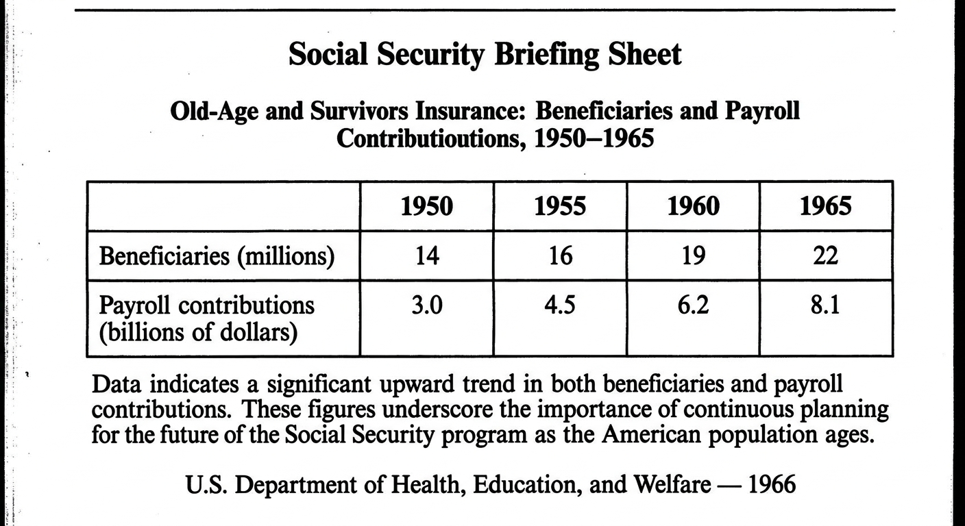 High-contrast black-and-white scanned 1966 Social Security briefing sheet with a readable table showing beneficiaries and payroll contributions rising from 1950 to 1965, and a note about planning as the population ages.