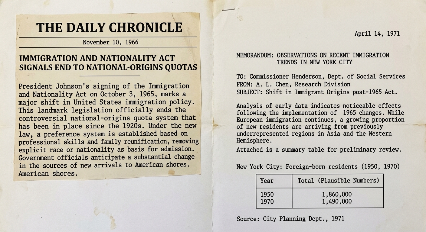 Black-and-white mock historical document page with a 1966 newspaper-style excerpt about the Immigration and Nationality Act of 1965 and a small table titled ‘New York City: Foreign-born residents (1950, 1970)’, plus a source footer dated 1971.