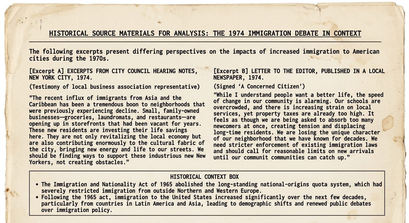 Mock black-and-white document page with two labeled 1974 excerpts about immigration in New York City—one supportive and one critical—and a context box noting the 1965 policy change and rising immigration afterward.