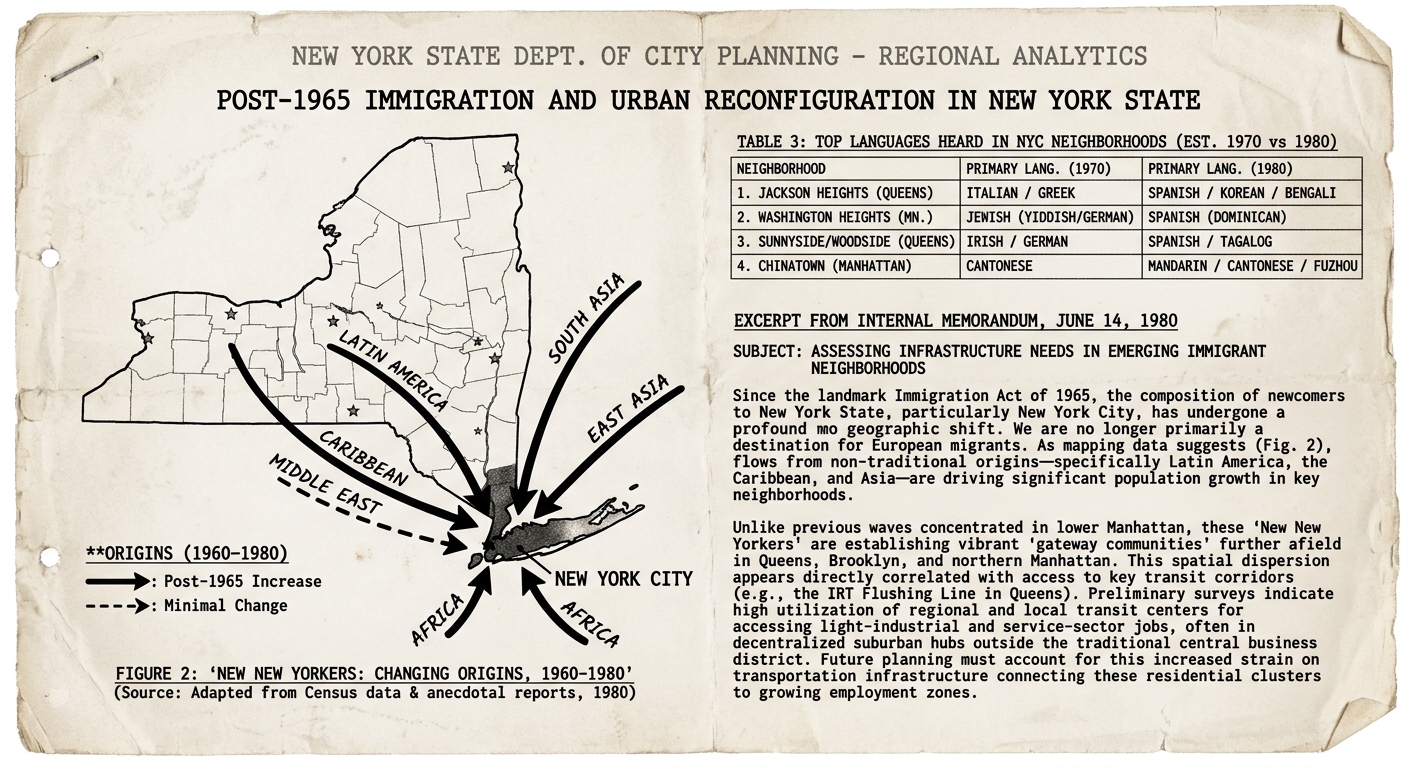 Mock black-and-white document page with a simple map of New York State highlighting New York City, arrows indicating broad immigrant origin regions, a small table comparing languages heard in NYC neighborhoods in 1970 and 1980, and a short city planning excerpt dated 1980.