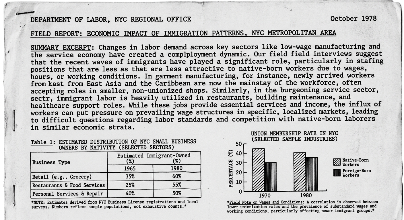 Mock black-and-white document page with a 1978 labor report excerpt about immigrant workers in NYC, a table comparing native-born and foreign-born small business ownership in 1965 and 1980, and a simple chart comparing union membership rates for native-born and foreign-born workers in 1970 and 1980.