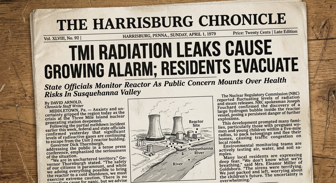 Black-and-white newspaper clipping dated April 1, 1979 reporting on the Three Mile Island accident, with a bold headline, short article text, and mentions of radiation monitoring and public concern.