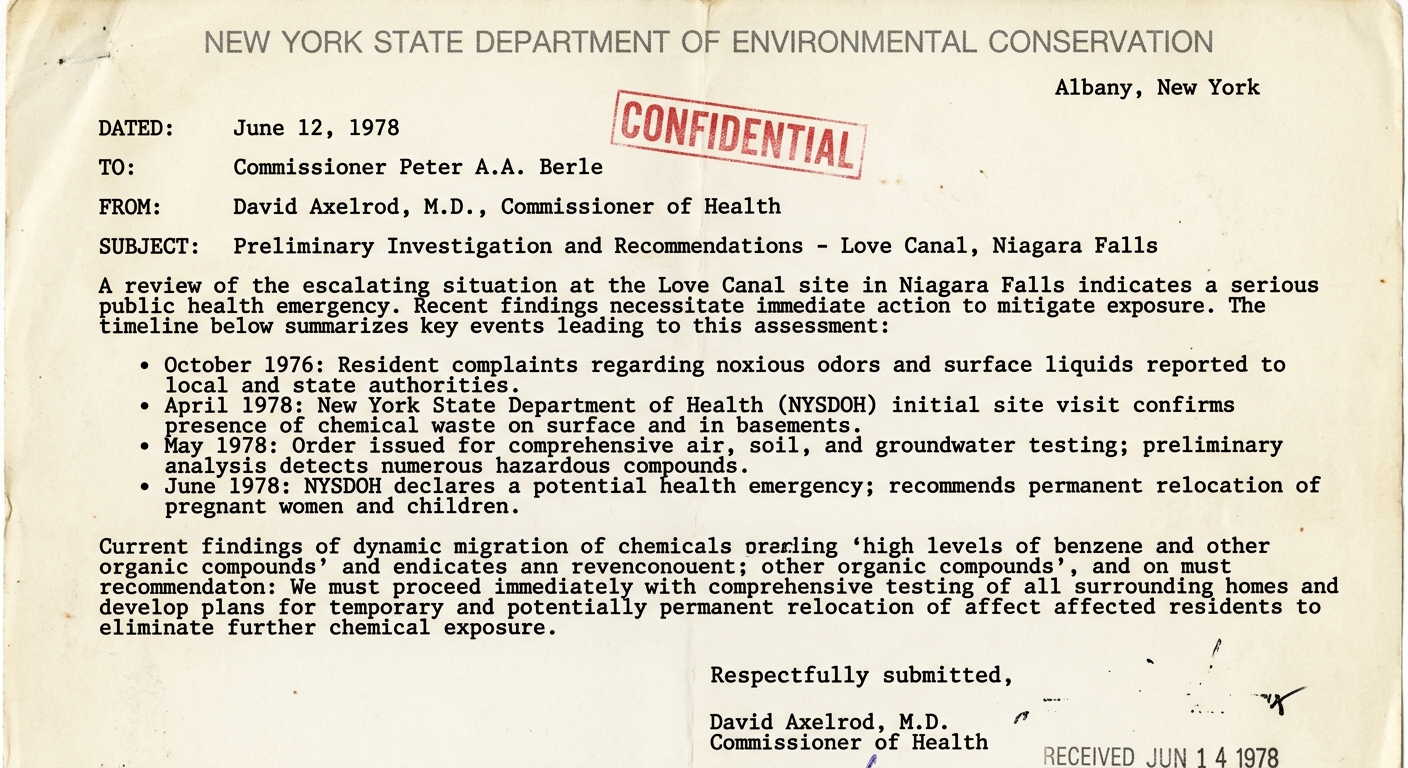Typewritten government memo dated June 12, 1978 from New York State environmental officials, showing a bulleted timeline from 1976 to 1978 about Love Canal complaints, testing, discovery of chemical waste, and relocation planning.