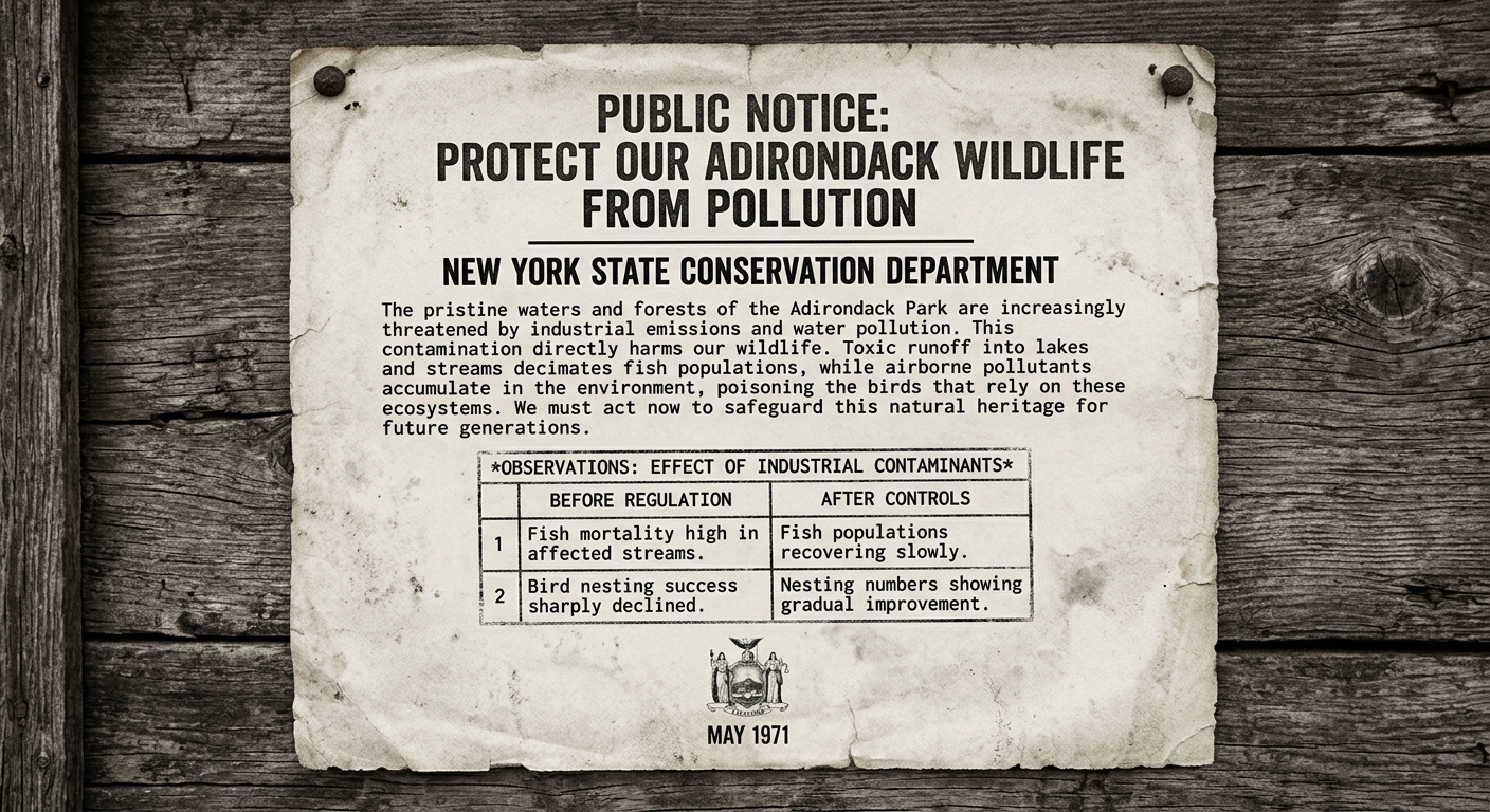 Black-and-white public notice flyer dated May 1971 about protecting Adirondack Park wildlife from pollution, including a short text and a small comparison table labeled 'Before regulation' and 'After controls'.