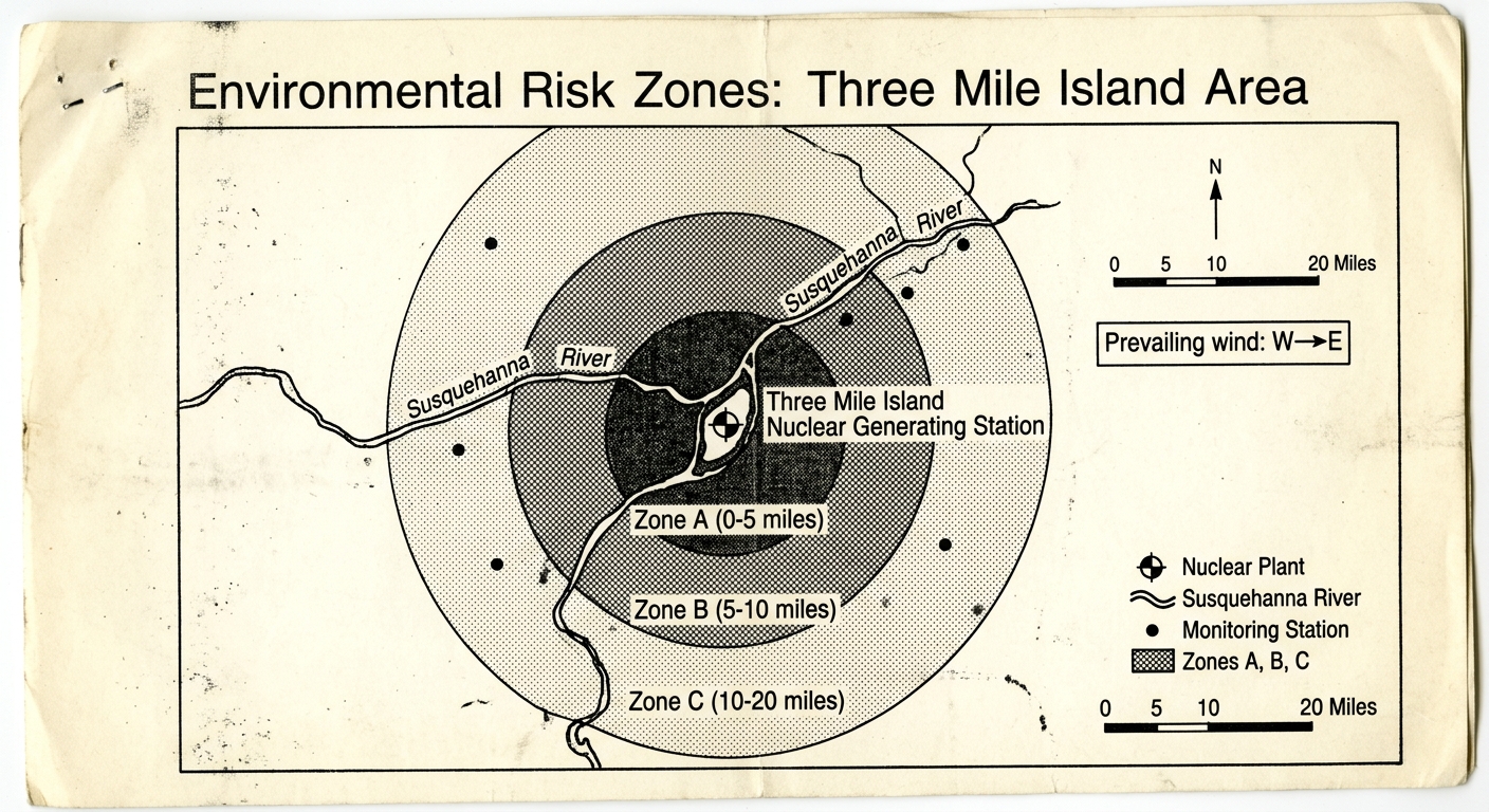 Black-and-white map handout titled 'Environmental Risk Zones: Three Mile Island Area' showing the plant symbol, Susquehanna River, three labeled distance zones, a legend, north arrow, scale bar, wind-direction note, and monitoring stations.