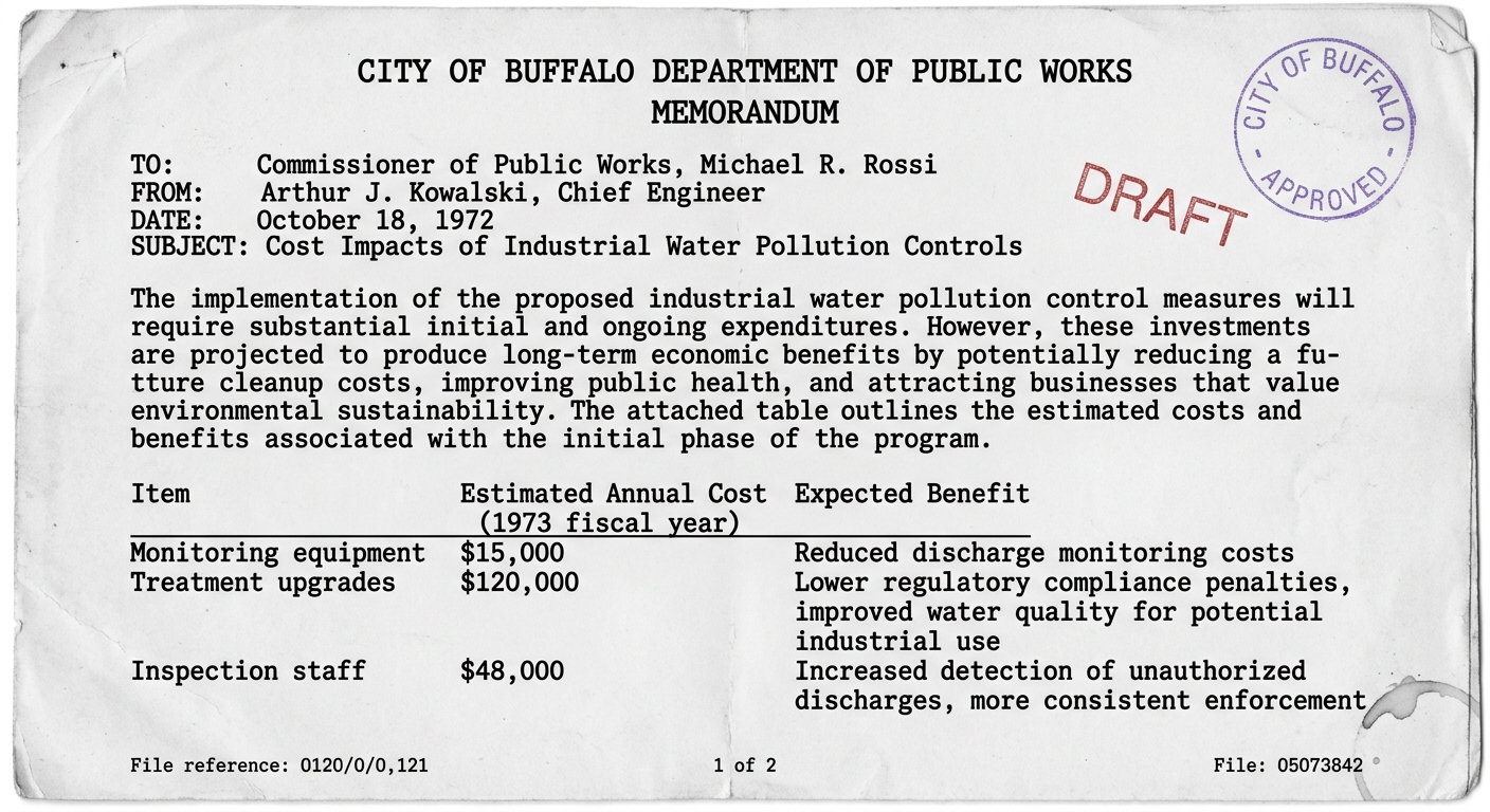 Black-and-white scanned budget memo dated October 18, 1972 listing costs and expected benefits of industrial water pollution controls, including a small table of expenses and benefits.