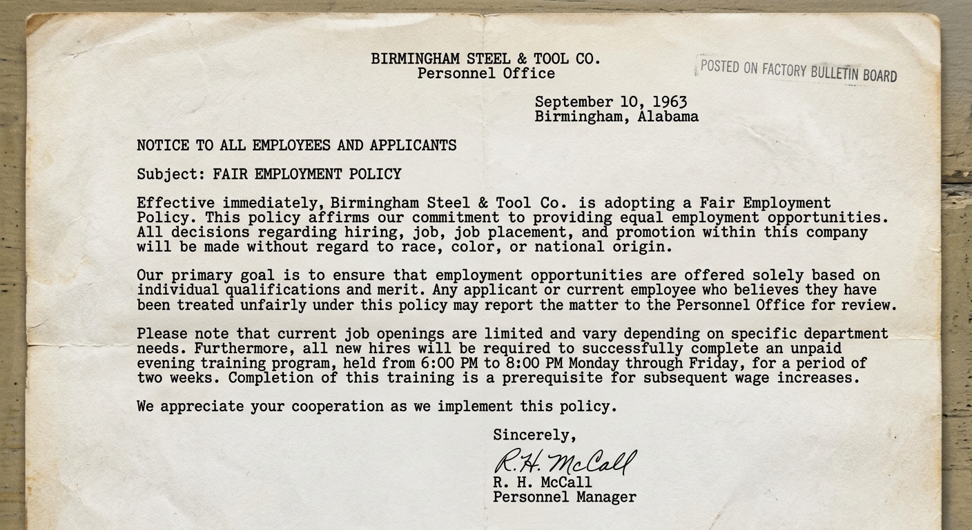 Black-and-white typed notice dated September 10, 1963 from a Birmingham company announcing a fair employment policy, stating hiring without regard to race and mentioning limited openings and required evening training before wage increases.