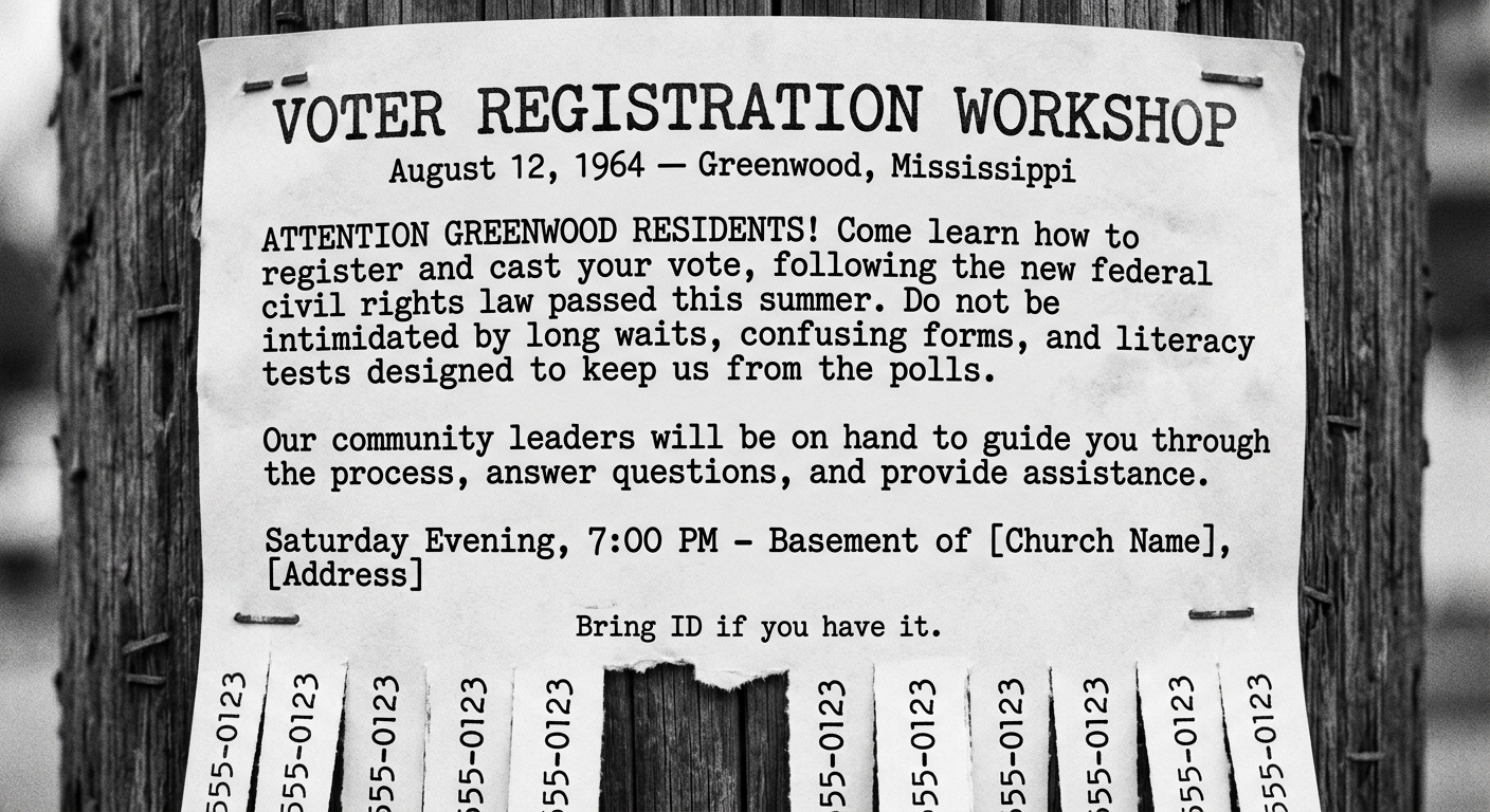 Black-and-white community flyer dated August 12, 1964 in Greenwood, Mississippi announcing a voter registration workshop and mentioning the new federal civil rights law along with barriers like long waits and literacy tests.