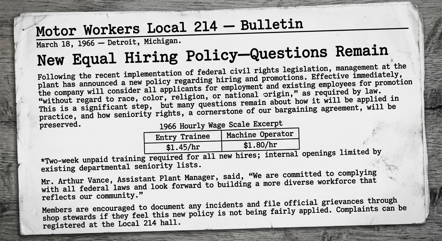Black-and-white union newsletter excerpt dated March 18, 1966 from Detroit discussing a new equal hiring policy and listing wage and training details, including limited openings and seniority.