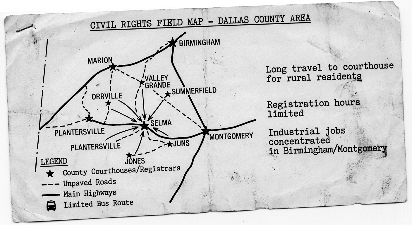 Black-and-white civil rights field map dated April 1965 showing Alabama towns near Selma, county courthouses, travel routes, and notes about limited transportation, registration barriers, and industrial jobs concentrated in larger cities.