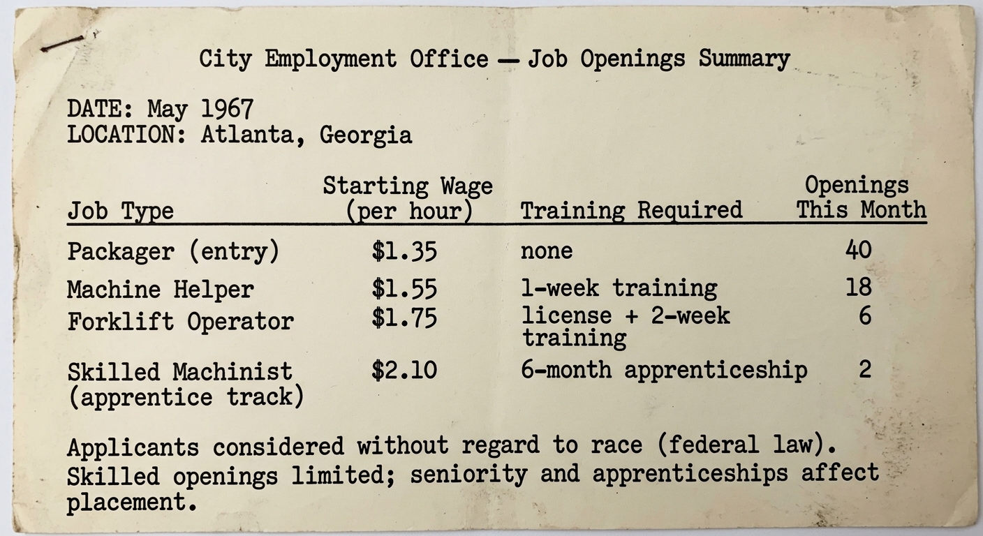 Black-and-white employment office summary dated May 1967 in Atlanta listing job types, starting wages, training requirements, and limited openings, with notes about nondiscrimination and seniority affecting skilled jobs.